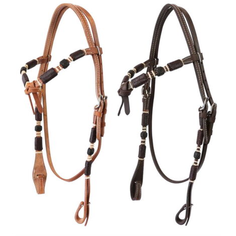 MARRONE - Briglia western Nakipa in cuoio con frontalino a V e nodo centrale