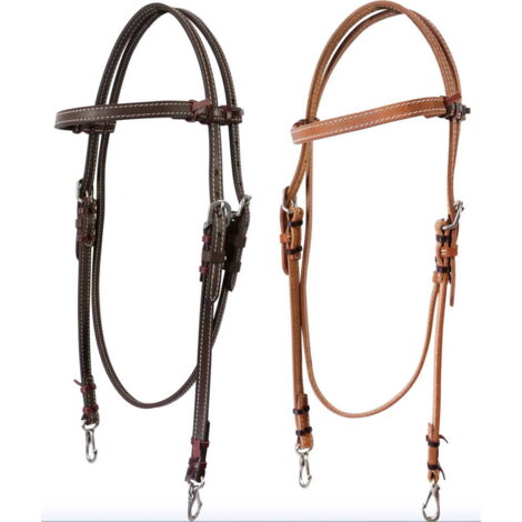 MARRONE - Briglia western Tehua in cuoio con frontalino liscio e moschettoni per morso filetto