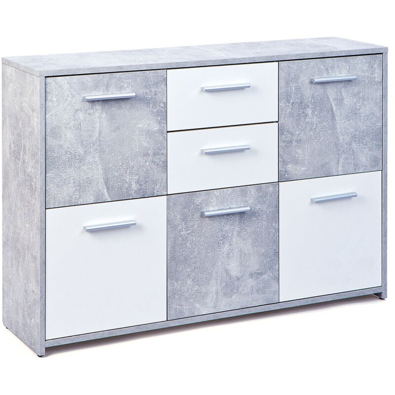 Altobuy - marry - Meuble 5 Portes 2 Tiroirs Imitation Béton et Blanc