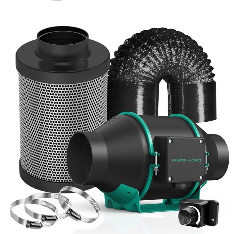 Mars Hydro - 4 Inch Ventilation Inline Fan Carbon Filter Duct with Speed Controller Exhaust Fan for Grow Tent Kits Hydroponics - Black