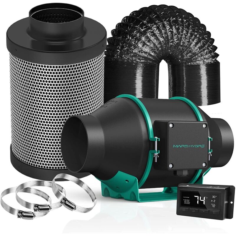 Mars Hydro - 4 Inch Ventilation Inline Fan Carbon Filter Duct with Thermostat Controller Exhaust Fan for Grow Tent Kits Hydroponics - Black