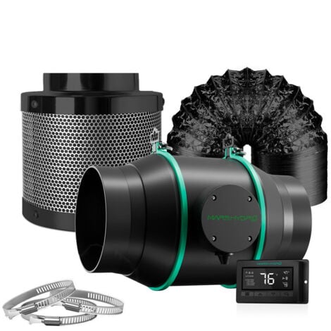 Mars Hydro 6 inch Abluftventilator Belüftungssystem Kombination, 6'' Inline-Kanallüfter mit Temperatur-Feuchtigkeitsregler, 6 inch Kohlenstofffilter, 33 feet Leitung, 3 Klemmen für Growzelt 4x4/5x5