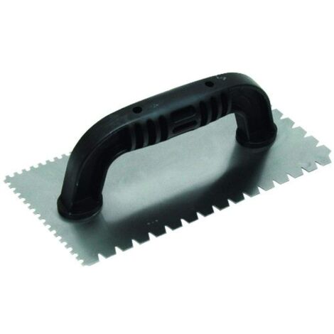 Marshalltown Spatola dentata, tacca: U 3x3x3 mm/piatto V 4,5x6x8 mm - 10 gradi accorciata con manico in plastica, in acciaio, per piastrellisti, dimensioni: 229x102 mm