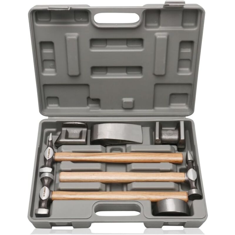 Marteau Carrossier,Marteaux et tas pour carrossier,Marteau de Réparation de Carrosserie Automobile,Jeu de 7 pièces,manche en bois massif Avec malette