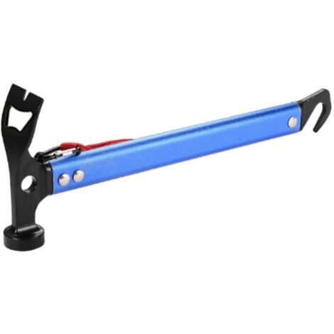 Marteau de camping, 31 cm, avec crochet et mini houe, marteau en aluminium, marteau de camping d'extérieur, multifonctionnel, bleu