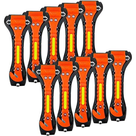 Marteau de sécurité modèle 2025, lot de 10 outils de sortie de secours pour voiture : brise-vitre et coupe-ceinture de sécurité avec bande réfléchissante.-AquaForge