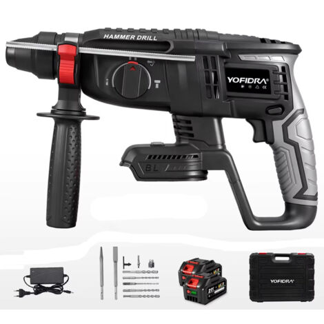 Marteau perforateur rotatif sans fil 26mm SDS Plus Brushless compatible 18V/21V – 3 fonctions, 2 batteries lithium + 10 accessoires, coffret de rangement