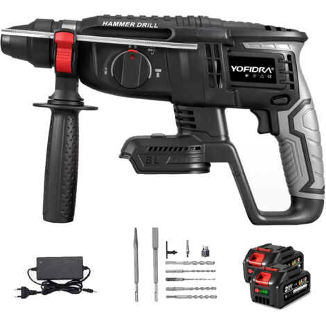 Marteau perforateur rotatif sans fil 26mm SDS Plus Brushless compatible 18V/21V – outil multifonction 3 modes, 2 batteries + 10 accessoires inclus