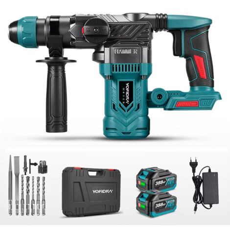 Marteau perforateur rotatif sans fil 26mm SDS Plus Brushless compatible Makita 18V – perceuse à percussion électrique multifonction 3 en 1, 2 batteries + 10 accessoires inclus