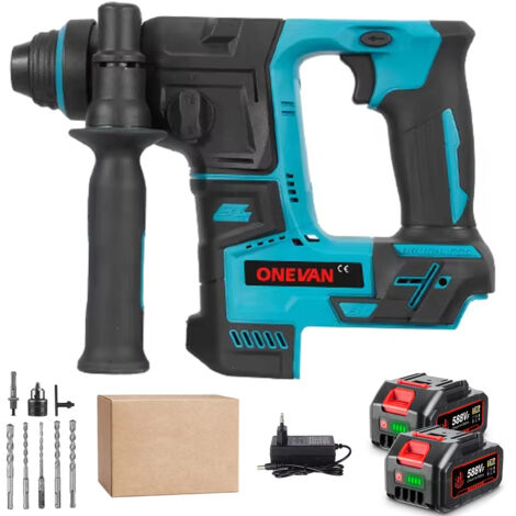 Marteau perforateur sans balais 27mm perceuse à percussion sans fil multifonction compatible Makita 18V – kit 2 batteries + 8 accessoires boîte carton