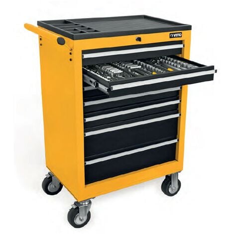 Servante d'atelier Professionnelle VITO 6 tiroirs 221Outils Qualité Chrome Vanadium Verrou Roues pivotantes