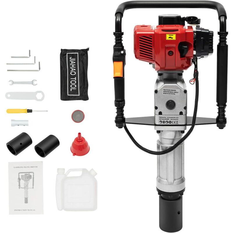 Senderpick - Marteau piqueur de pieux en t à essence 52CC, marteau piqueur de pieux en t manuel à 2 temps avec 2 têtes d'enfoncement de pieux, 2.3HP