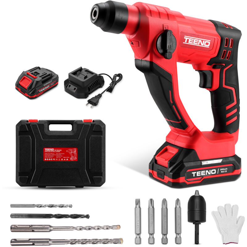 Marteau Perforateur sans fil 20V Teeno Lithium 2,0 Ah 2 Batteries, Force de Fappe de 1,2J, Capacité de perçage du béton de 14 mm