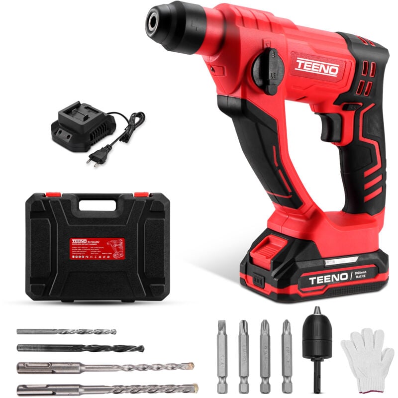 Marteau Perforateur sans fil 20V Teeno Lithium 2,0 Ah 1 Batteries, Force de Fappe de 1,2J, Capacité de perçage du béton de 14 mm