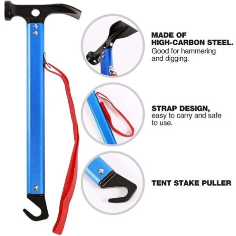 Martello da campeggio CSPAKV con gancio, 30 cm, in alluminio, per tenda, multifunzionale, per campeggio all'aperto, per picchetti da tenda (blu)
