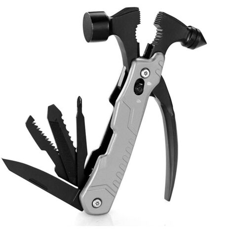 Martello Multifunzione, Multiutensile Portatile 14 in 1 in Acciaio Inossidabile, Strumenti Multiuso Compatti con Pinza a Martello Cacciavite, Regali per Uomo Papà Natale Compleanno (Grigio)