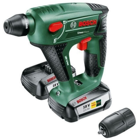 BOSCH Martello perforatore a batteria Uneo Maxx, 2 batterie PBA 18V 2,5Ah W-B, caricatore AL 1830 CV e valigia
