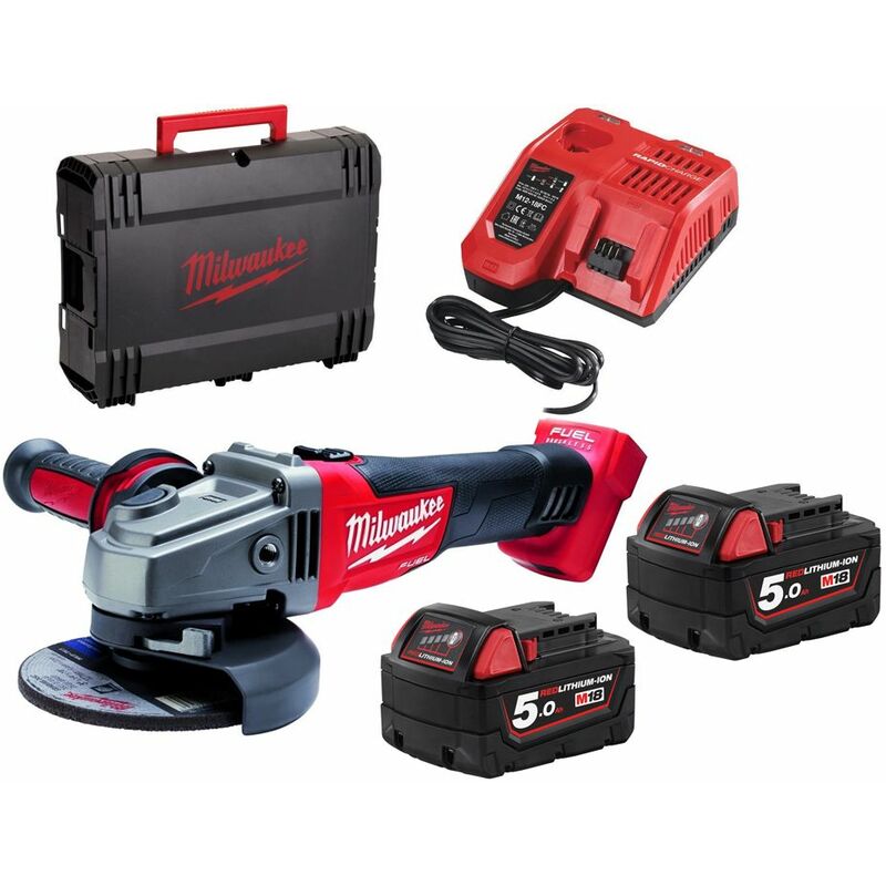 

Milwaukee - M18 CAG125X-502X 18 V batería Litio-ionJuego de amoladora angular (2x baterías5.0Ah ) en HD BOX - 125 mm - sin escobillas - interruptor