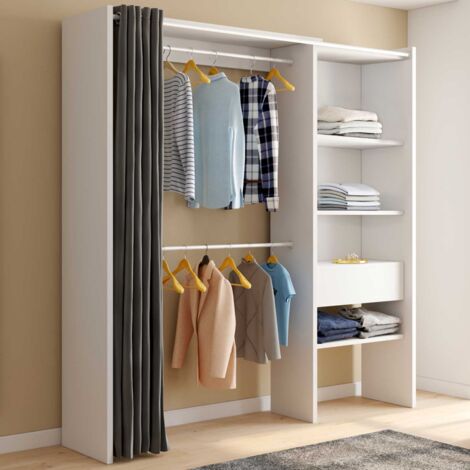 MARTY 120/170 x 50 x 180 cm blanco y gris armario extensible con cortina + doble espacio para colgar + estantes