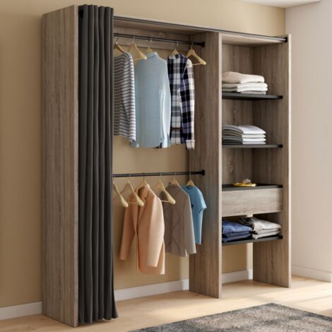 MARTY 120/170 x 50 x 180 cm madera y negro armario extensible con cortina + doble espacio para colgar + estantes