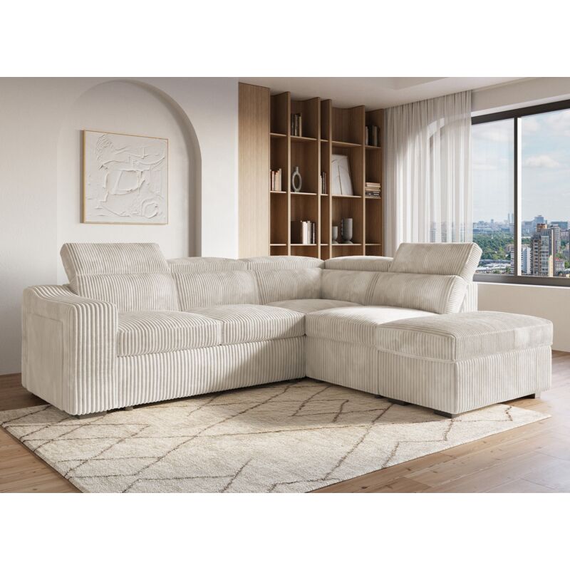 Deco In Paris - marty - Canapé d'angle convertible avec coffre en velours côtelé beige marty - Angle droit