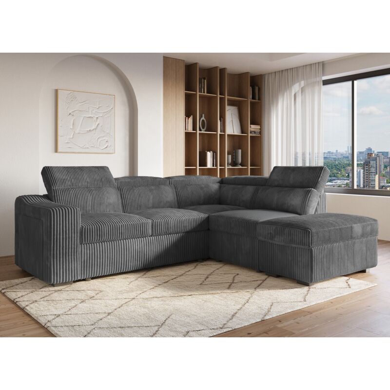 Deco In Paris - marty - Canapé d'angle convertible avec coffre en velours côtelé gris marty - Angle droit