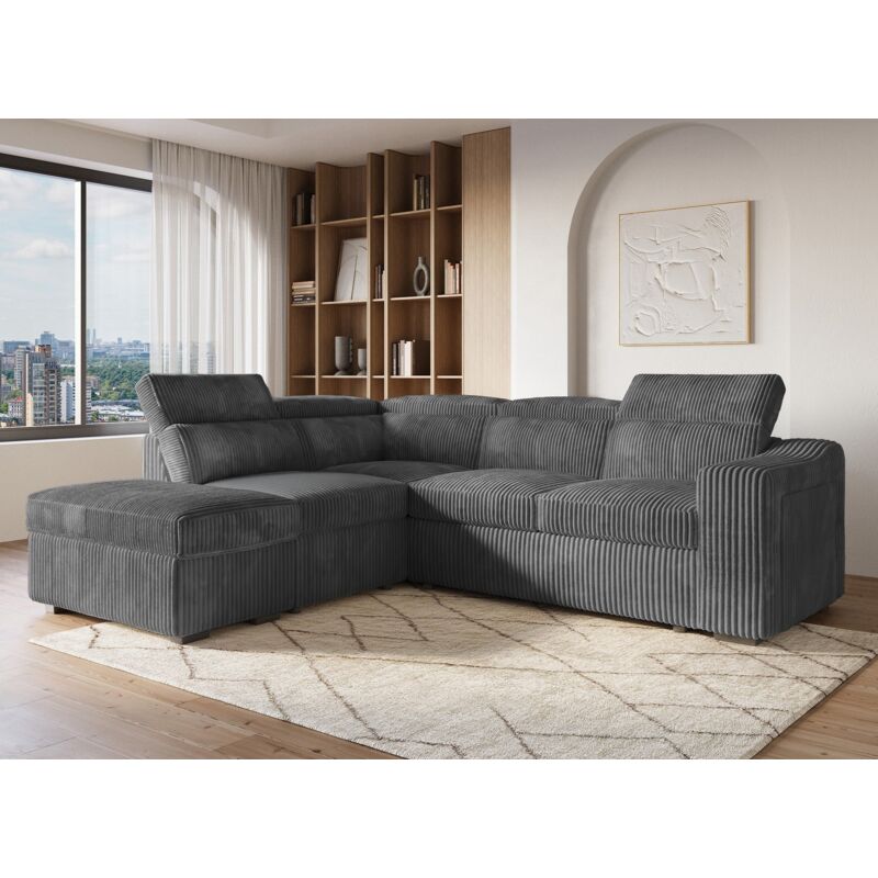 Deco In Paris - marty - Canapé d'angle convertible avec coffre en velours côtelé gris marty - Angle gauche