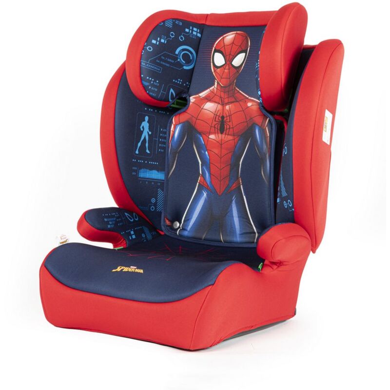 Image of Marvel Seggiolino auto Spiderman per la sicurezza dei bambini con altezza da 100 a 150 cm con grafiche del supereroe uomo ragnno su fondo rosso e blu