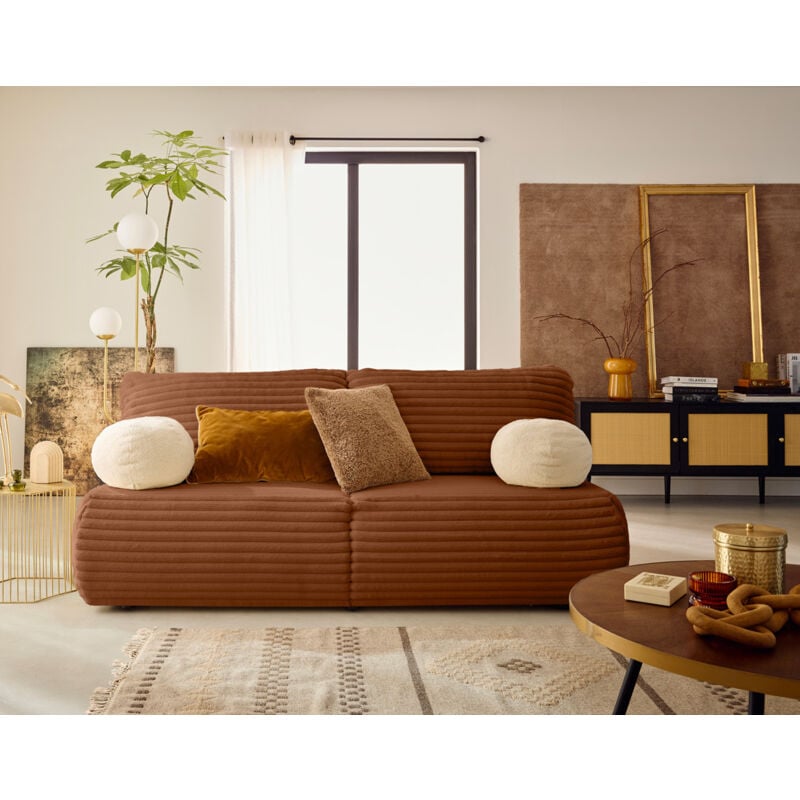 Bestmobilier - Marvin - canapé 3 places convertible et coffre en fausse fourrure côtelée avec 2 coussins boule inclus - rouille