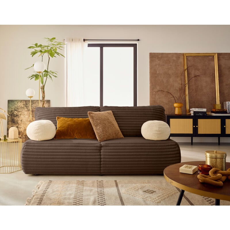 Bestmobilier - Marvin - canapé 3 places convertible et coffre en fausse fourrure côtelée avec 2 coussins boule inclus - marron