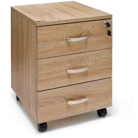 Marvin Cassettiera Ufficio In Legno Chiave Sicurezza Con Ruote Per Scrivania Tavolo 3 Cassetti Ripiani Rovere scuro