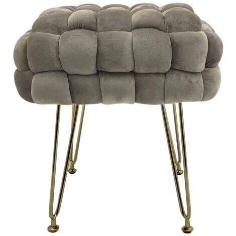 Marvin Pouf in Velluto Intrecciato con Gambe in Metallo Oro Cromato Sophie Poggiapiedi Sgabello per Casa Soggiorno Camera da Letto Salotto Divano Tavolino Quadrato Poltrona Beige
