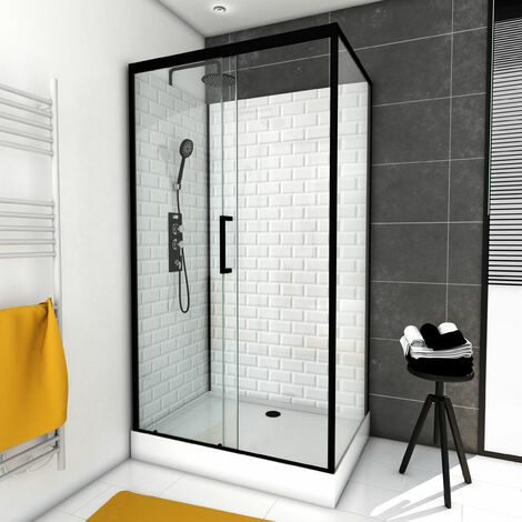 MARWELL White Stone Duschkabine - schwarz - Eckdusche - Komplettdusche - Dusche – Duschabtrennung - Duschwand – schwarze Dusche – weiße Dusche
