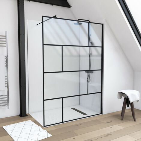 MARWELL Duschwand, schwarz  140 x 195 cm - inkl.  Wandhalterung - Begehbare Dusche - Walk-In - Duschabtrennung - Siebdruck
