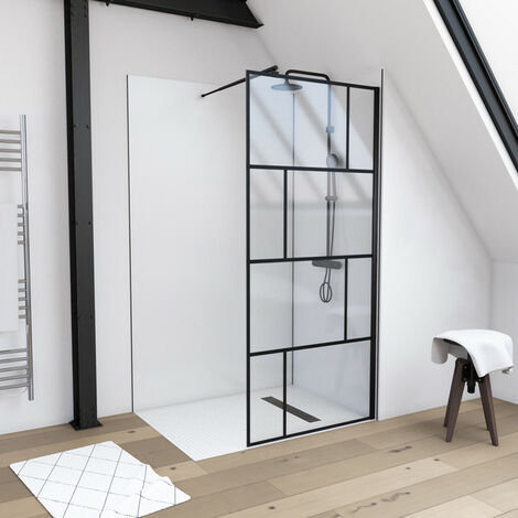 MARWELL Duschwand, schwarz  90 x 195 cm - inkl.  Wandhalterung - Begehbare Dusche - Walk-In - Duschabtrennung - Siebdruck