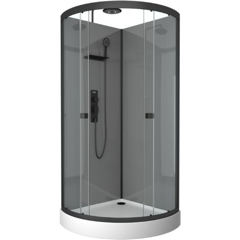Marwell Komplettdusche Grey Style Round 215x90x90cm - Fertigdusche mit 5mm gehärtetem Glas - mit Regal Ablagefläche für Duschutensilien - hochwertige Aluminiumrahmen