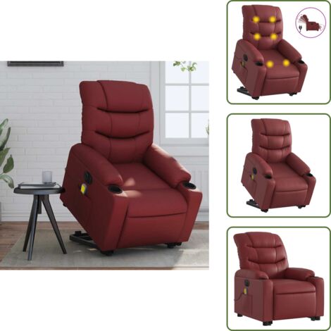 Masaje de vibración - vidaXL Sillón de masaje elevable eléctrico cuero artificial rojo tinto - Sillón reclinable