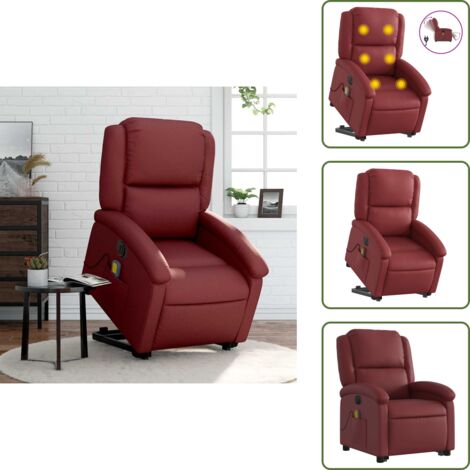 Masaje de vibración - vidaXL Sillón de masaje elevable eléctrico cuero artificial rojo tinto - Sillón reclinable