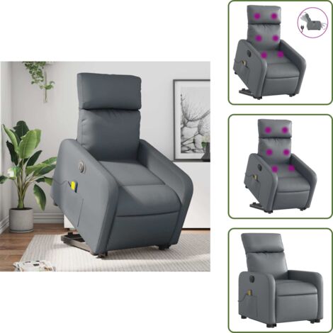 Masaje de vibración - vidaXL Sillón de masaje elevable eléctrico cuero sintético gris - Sillón reclinable