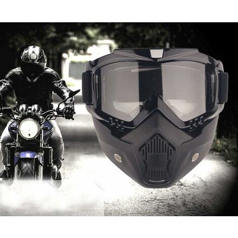 Máscara de anteojos para motocicleta con anteojos desmontables, máscara de motocross para motocicleta con anteojos desmontables y filtro de boca para cascos vintage (marco negro, lentes grises)