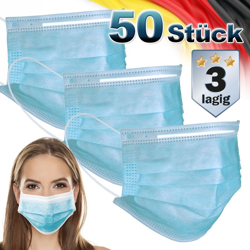 Ecd Germany - 50 Unidades Mascarillas Faciales de Uso Desechable para Adultos Azul 3 Capas de Protección Tapabocas Transpirable con Cuerdas Orejeras