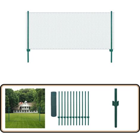 Maschendrahtzaun mit Pfosten Stahl 25 x 0,5 m Grün - Metallzaun - Gartenzaun - Stahldrahtzaun - Weidezaun - Hundezaun