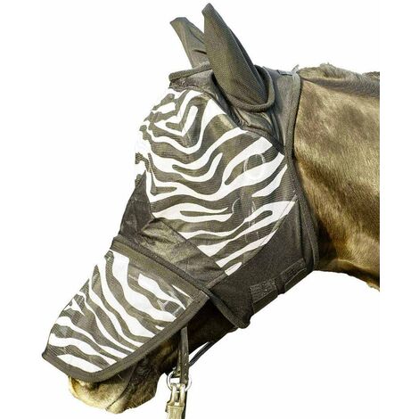 Maschera antimosche per cavalli antistrappo modello zebrato: Cob, Bianco/Nero (1291)