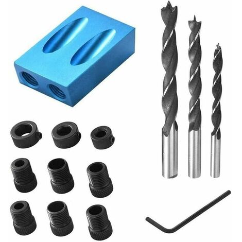 Maschera per fori tascabili, posizionatore di fori obliqui con guida per carpenteria a 15°, localizzatore di fori obliqui in lega di alluminio con adattatore per fori da 6/8/10 mm 14PCS -