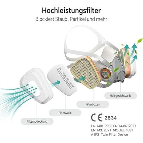 Maschera protettiva con filtro A1P2, antipolvere e gas, con occhiali, respiratore riutilizzabile per verniciatura, levigatura, spruzzatura, set completo con filtri di ricambio