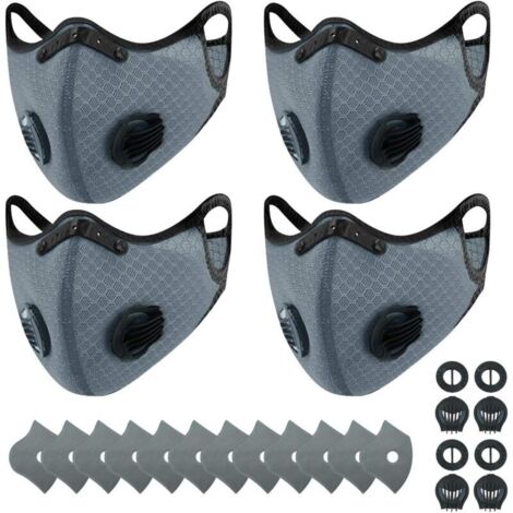 maschere antipolvere sportive + 12 filtri al carbone attivo, riutilizzabili, traspiranti, attività all'aperto, lavorazione del legno, falciatura e corsa, ciclismo grigio-