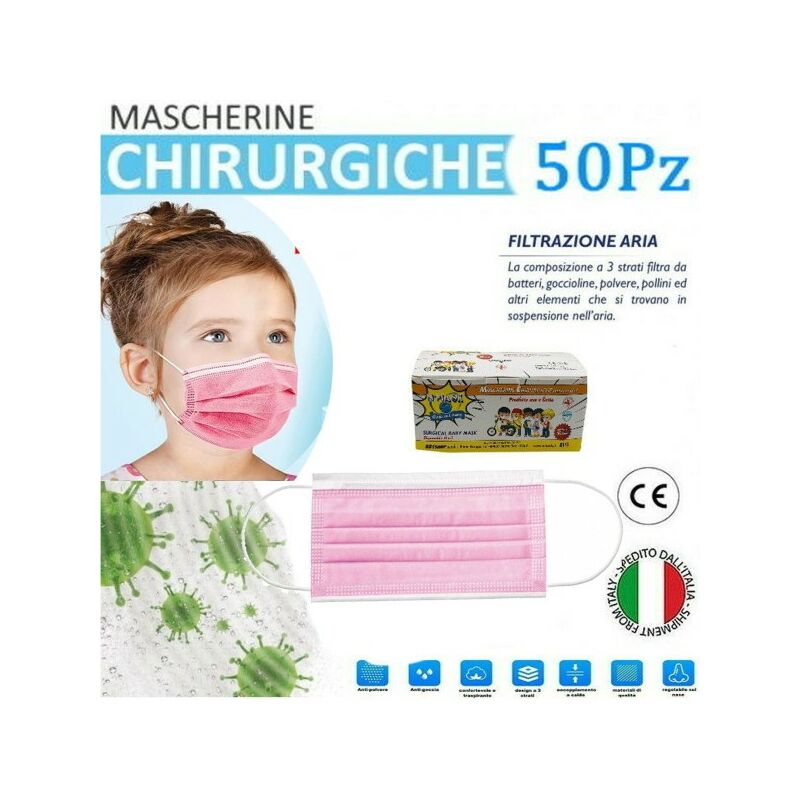 Image of Trade Shop - Mascherine Chirurgiche Per Bambine Monouso In Tnt 3 Strati Protettivi Viso 50pz
