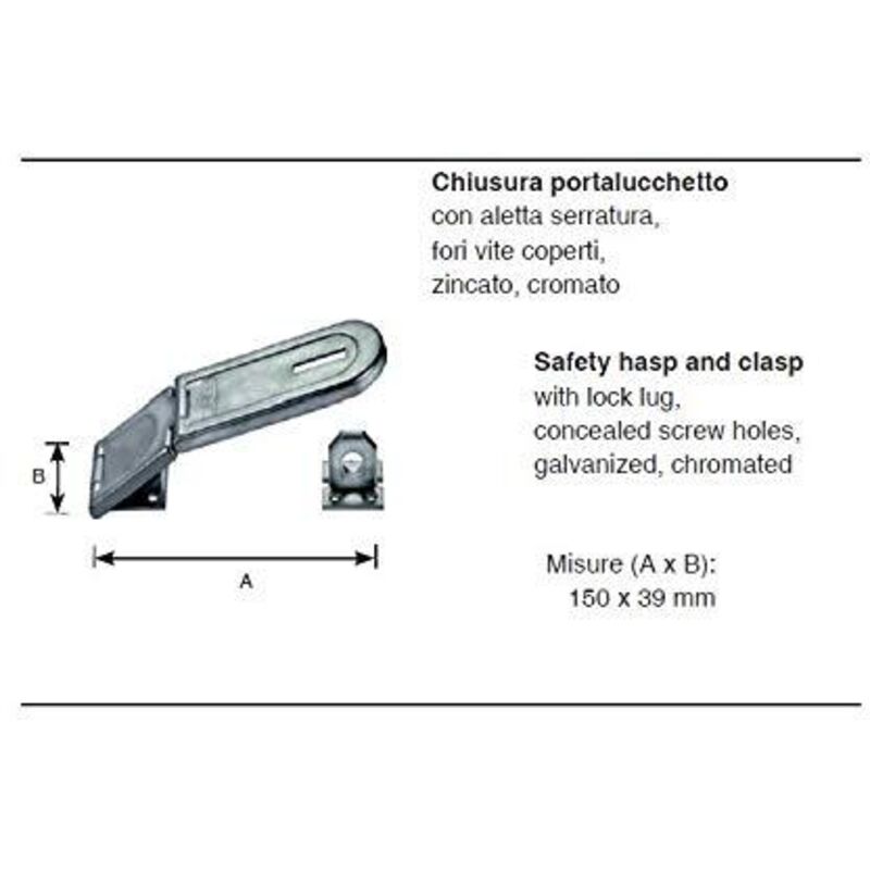 Masidef, DY2204521, Chiusura portalucchetto con aletta serratura, fori vite coperti, zincato, cromato 150x39mm