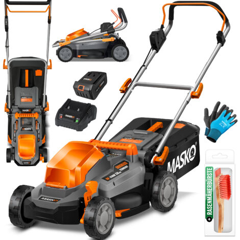 MASKO® Akku Rasenmäher ECO-X10 inkl. Akku Li-Ion Batterie 4 Ah & Ladegerät, Rasentrimmer, 25-75mm Schnitthöhenverstellung, Schwarz / Orange / Schnittbreite 33cm