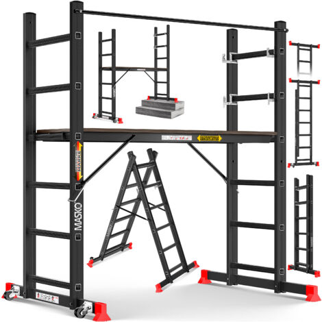 Masko® Baugerüst Alugerüst Gerüst  Alu  Leiter  Arbeitsgerüst  Arbeitsbühne  bis 150 KG belastbar  Anti-Rutsch beschichtet  Gerüstleiter  Schwarz